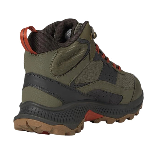 Olive and brown mid-top hiking boot with red laces and a rugged lug sole, shown from the back side.