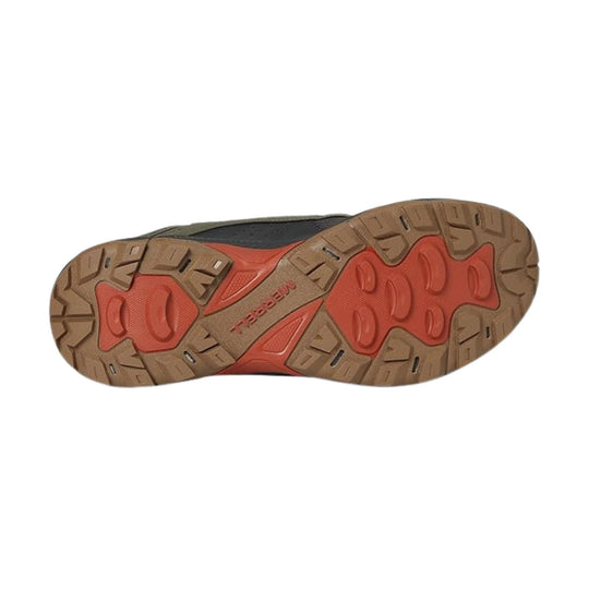 Brown and red hiking boot outsole with rugged tread and MERRELL text