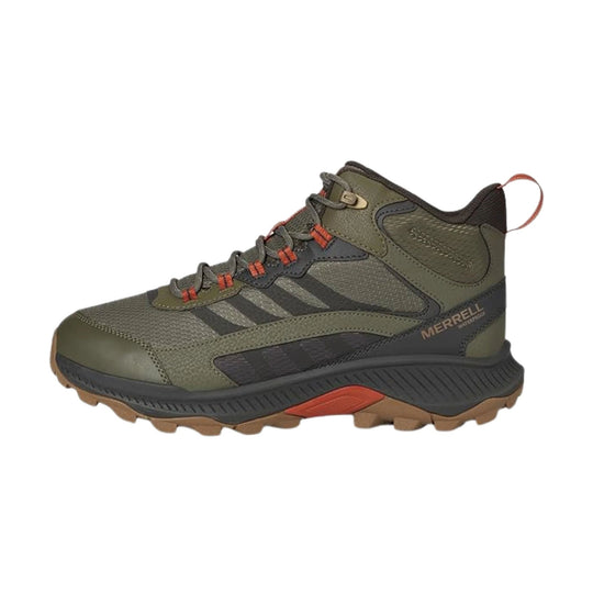 Olive mid-top hiking boot with black overlays, red lace loops, and a lugged brown sole.