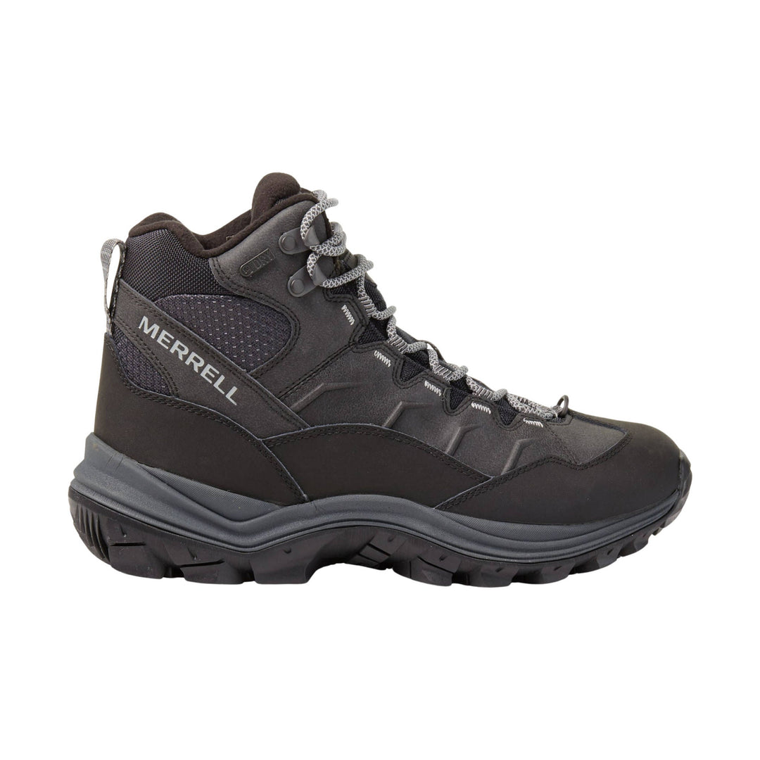 Black mid-cut hiking boot with gray laces and a large side logo
