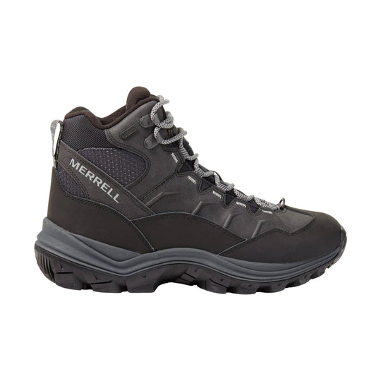 Black mid-cut hiking boot with gray laces and a large side logo