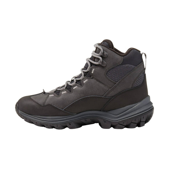 Dark brown and black mid-height hiking boot with gray laces and rugged tread sole