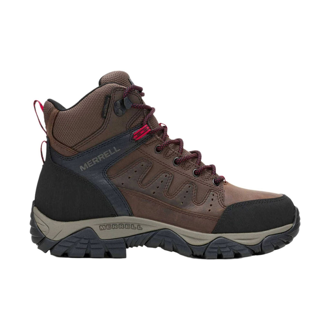 Brown and black waterproof work boot with steel toe, red laces, and rugged lug sole