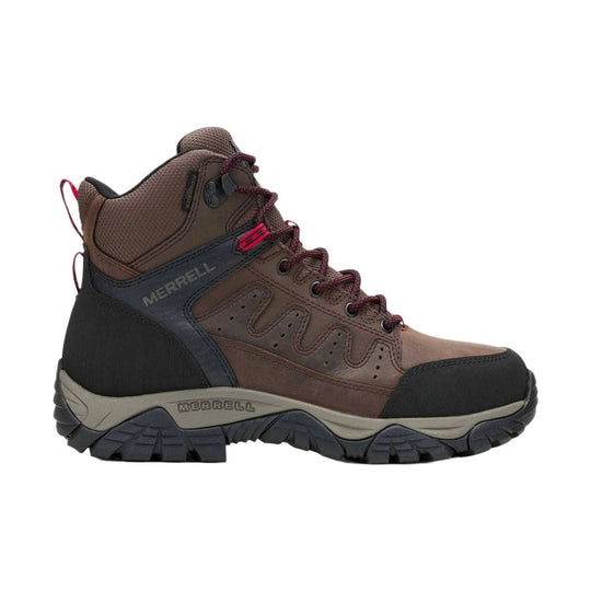 Brown and black waterproof work boot with steel toe, red laces, and rugged lug sole