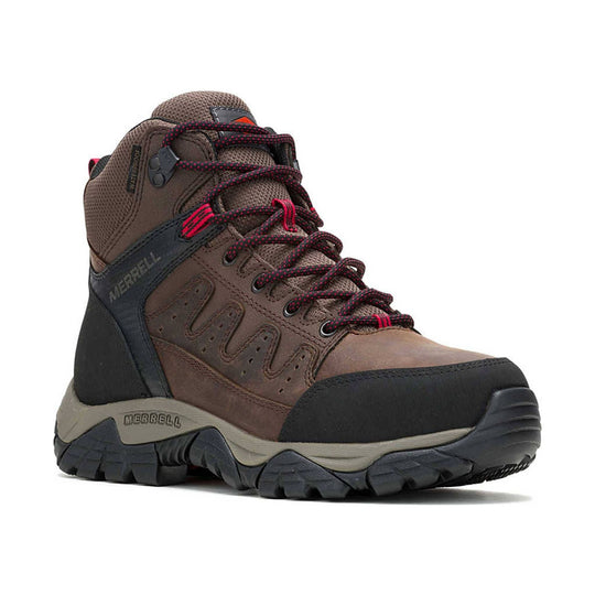 Brown and black high-top hiking work boot with red laces and a rubber toe cap
