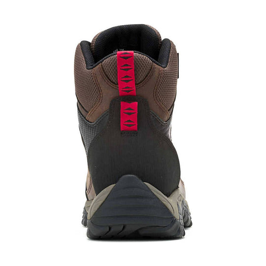 Rear view of a brown and black waterproof work boot with a red heel pull tab and thick lug sole