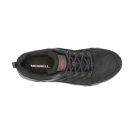 Black low-top work shoe with lace-up front and rubber toe cap, shown from above