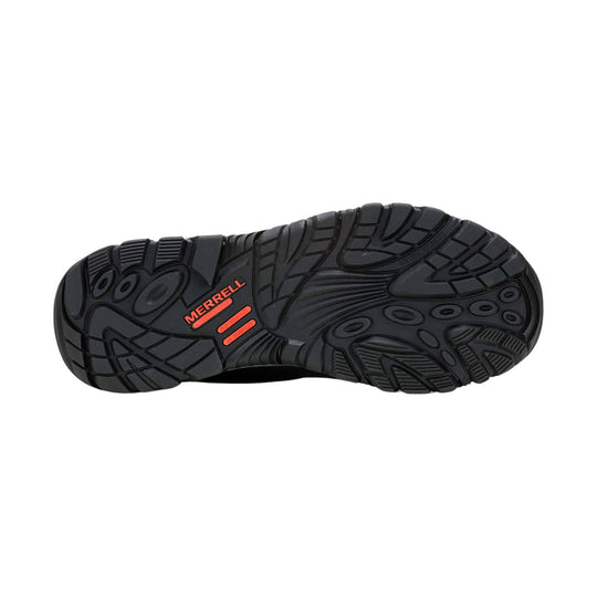 Black lugged work boot outsole with Merrell branding in red