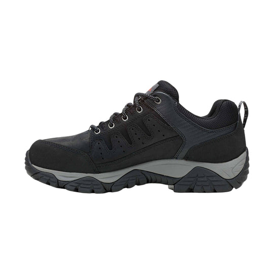 Black low-cut work shoe with lace-up closure, padded collar, and rugged tread sole