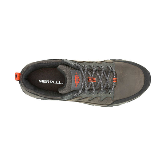 Gray and brown low-cut hiking work shoe with black toe cap and orange lace tabs