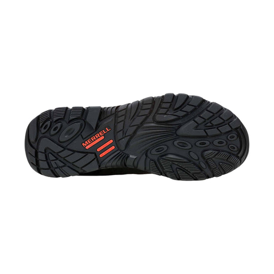 Black lugged work shoe outsole with orange Merrell branding