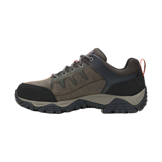 Brown and black low hiking shoe with rugged tread and orange pull loop