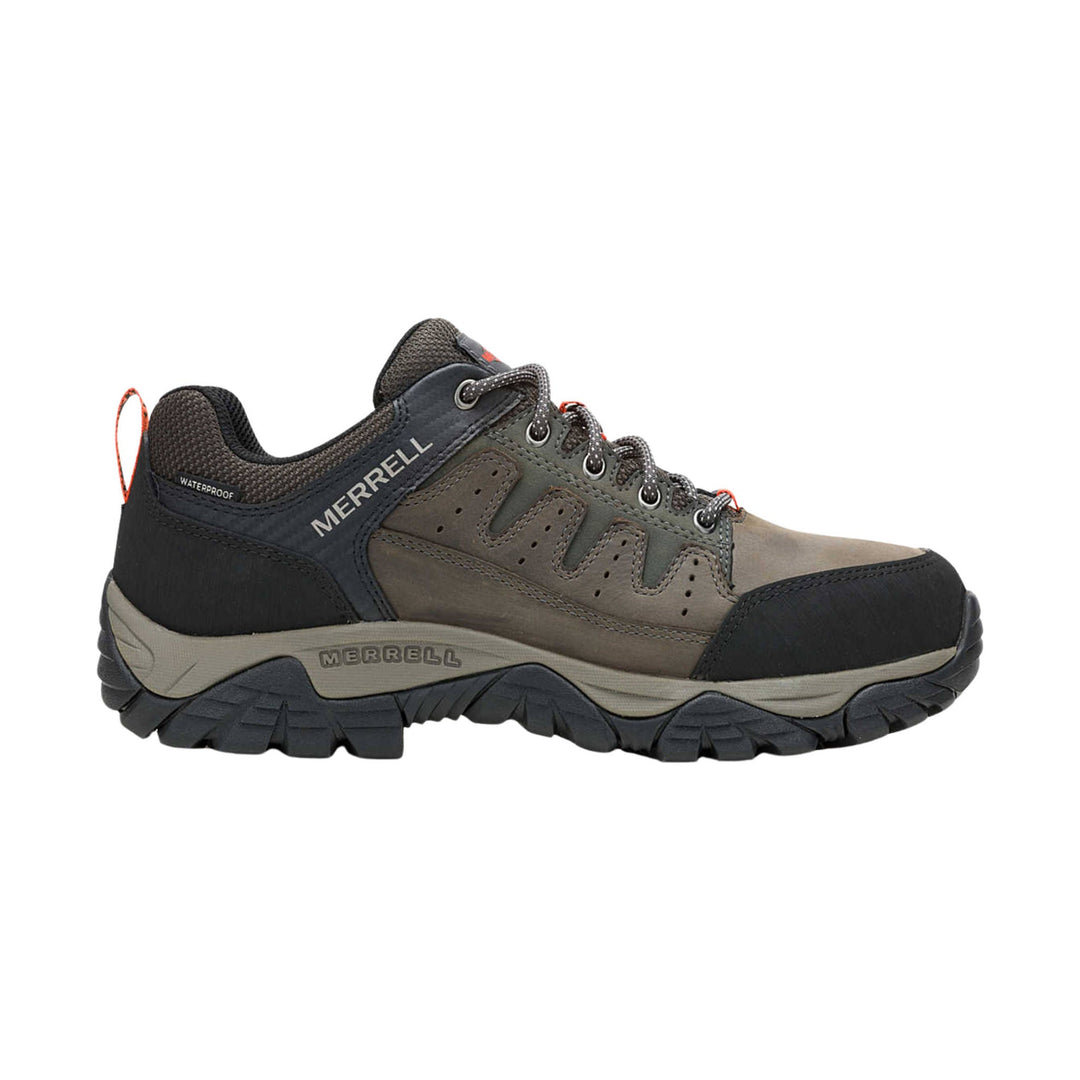 Brown and black waterproof hiking shoe with rugged lug sole and visible MERRELL branding