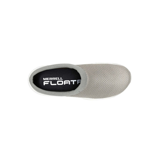 Light gray mesh slip-on shoe with black insole and white visible-text logo