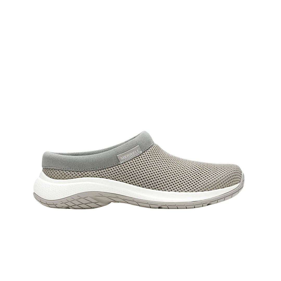 Gray slip-on clog with mesh upper, padded collar, and thick white sole