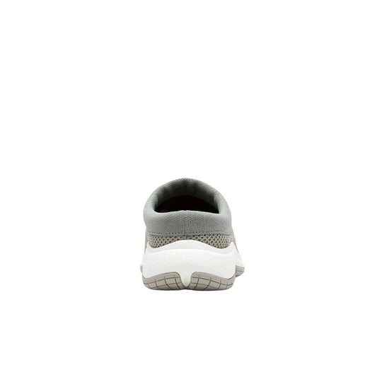 Gray slip-on athletic shoe seen from the back with a white sole