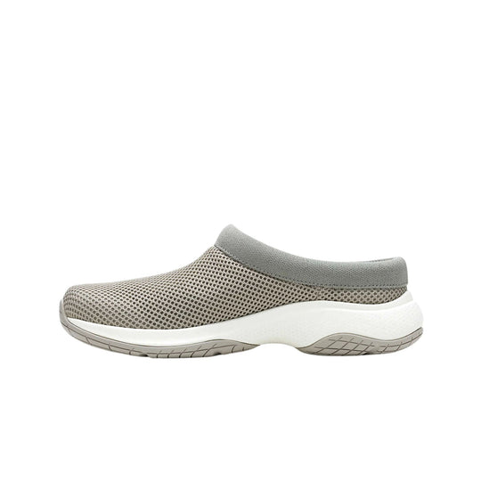Gray mesh slip-on clog with white cushioned sole and tan tread, side view