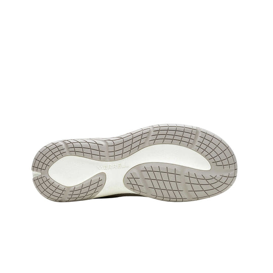 White and gray shoe sole with grid tread and MERRELL text
