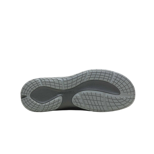 Gray rubber shoe outsole with grid tread and MERRELL branding