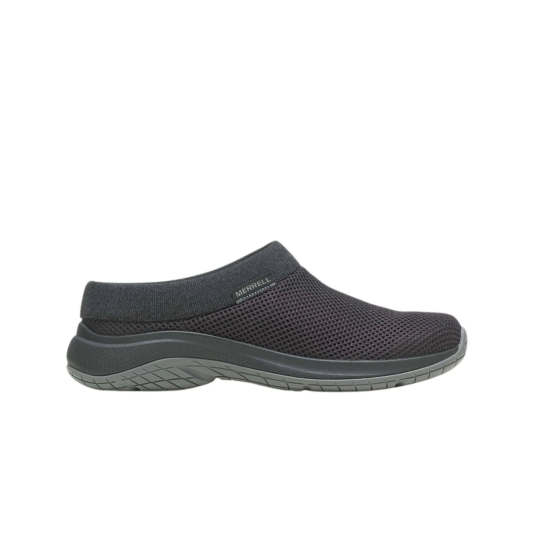 Black mesh slip-on clog with a thick cushioned sole