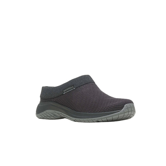 Black slip-on clog with mesh upper, thick cushioned sole, and visible Merrell logo