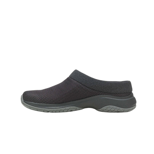 Black mesh slip-on clog with thick gray sole and low heel