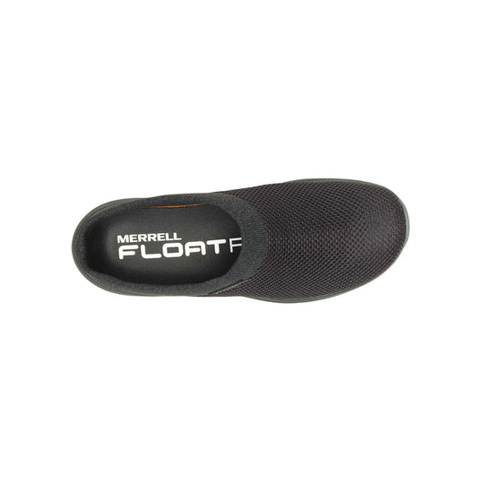 Black mesh slip-on shoe, top view, with Merrell Float branding on the insole