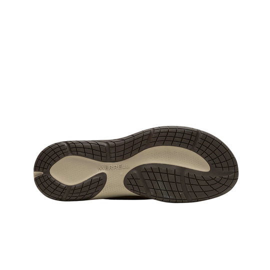 Brown and tan shoe outsole with MERRELL branding
