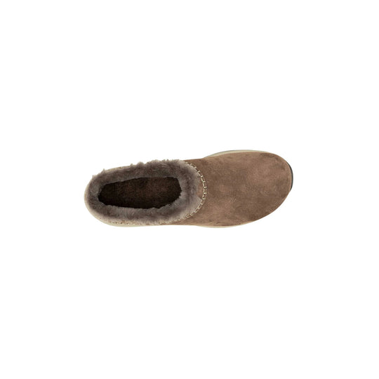 Brown suede slip-on winter boot with a fur-lined collar, shown from above on a white background