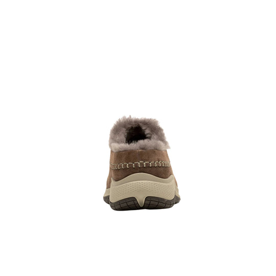 Brown winter clog-style shoe with faux fur lining, stitched upper detail, and a beige cushioned sole, shown from the back