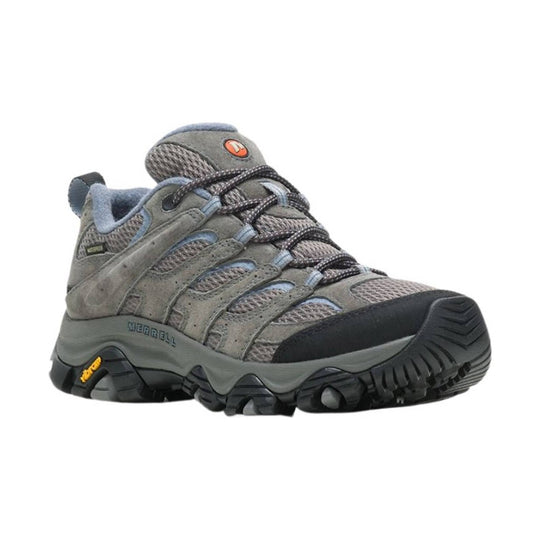 Gray hiking shoe with black sole on a white background