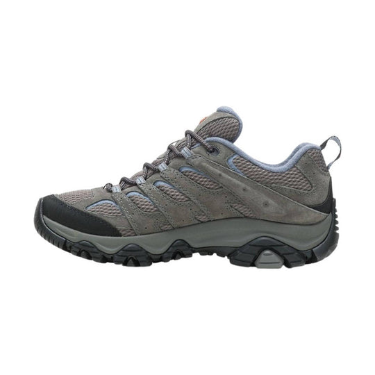 Gray hiking shoe with black sole on a white background