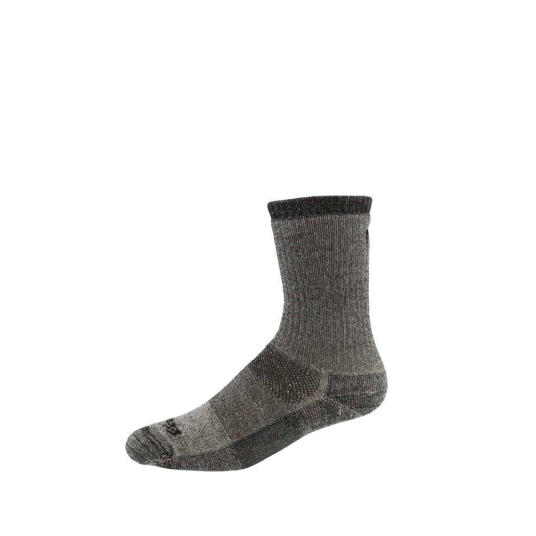 Gray heather crew sock with dark cuff, shown in side view on a white background