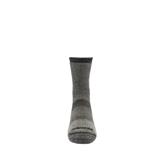 Gray heather wool crew sock with dark cuff, heel, and toe
