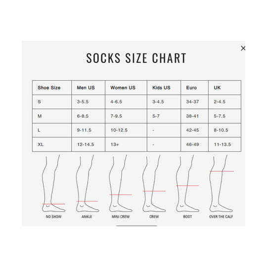 Socks size chart showing shoe size ranges for S, M, L, and XL with no show, ankle, mini crew, crew, boot, and over-the-calf lengths
