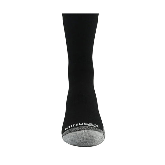 Black mid-calf wool sock with a gray toe and visible cuff branding