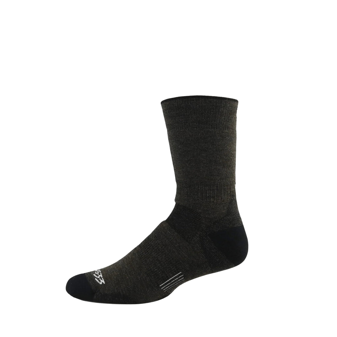 Black crew wool sock with visible gray logo near the toe