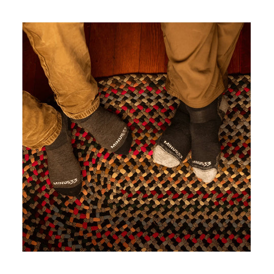 Crew socks on feet in black, gray, and heathered tones with visible MINUS33 logo