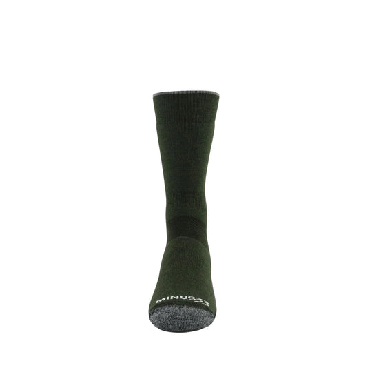 Olive green crew wool sock with gray heel and toe, shown upright on a white background