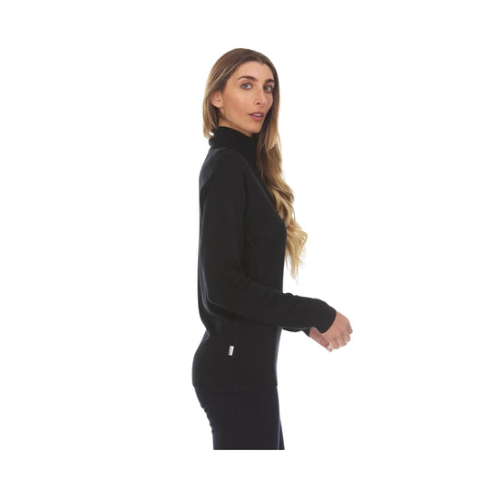 Black long-sleeve mock-neck top shown in side profile