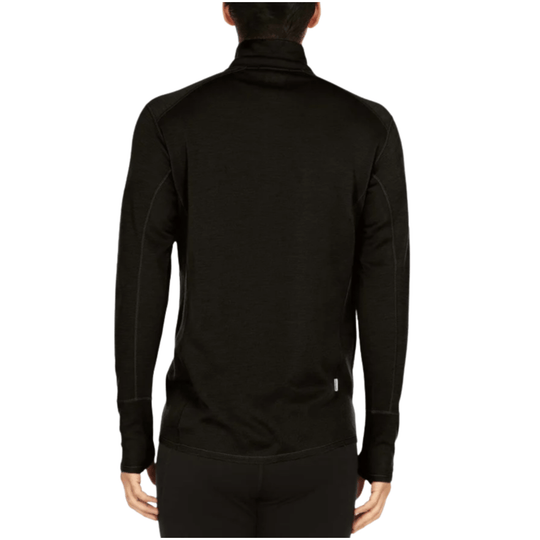 Black long-sleeve performance top shown from the back with a high collar and raglan shoulder seams