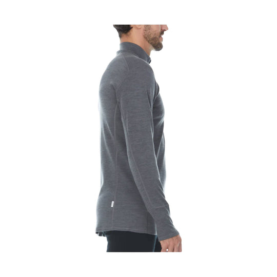 Dark gray heathered long-sleeve quarter-zip top in side view with a high collar
