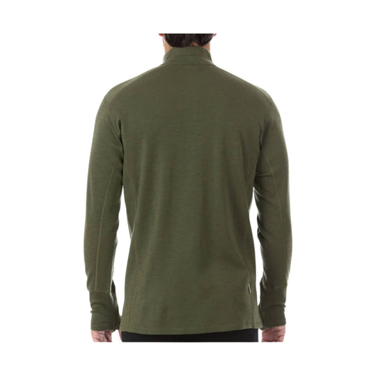 Olive long-sleeve athletic top shown from the back with a mock neck and thumbhole cuffs