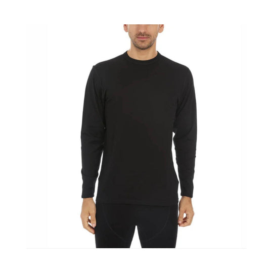 Black long-sleeve crew neck shirt worn by a male model, front view