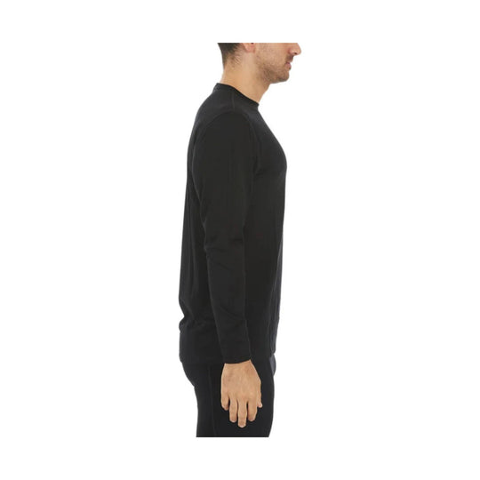 Black long-sleeve crewneck shirt shown in side profile