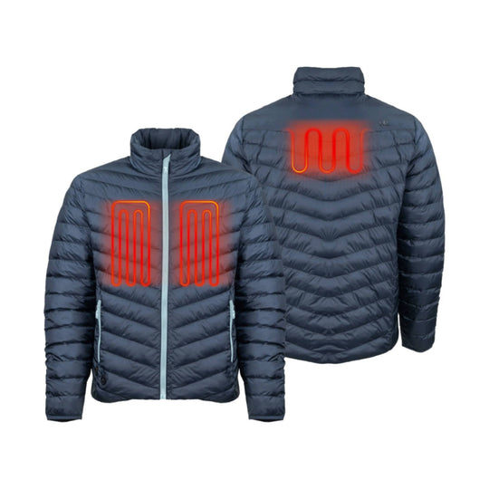 Navy quilted heated jacket shown front and back with red heating element graphics