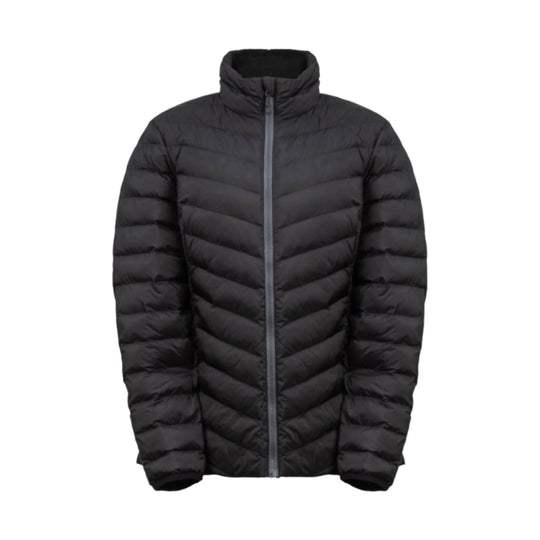 Black puffer jacket with full-zip front and stand collar