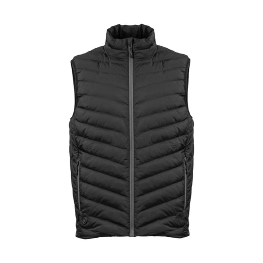 Black quilted sleeveless puffer vest with front zipper and high collar