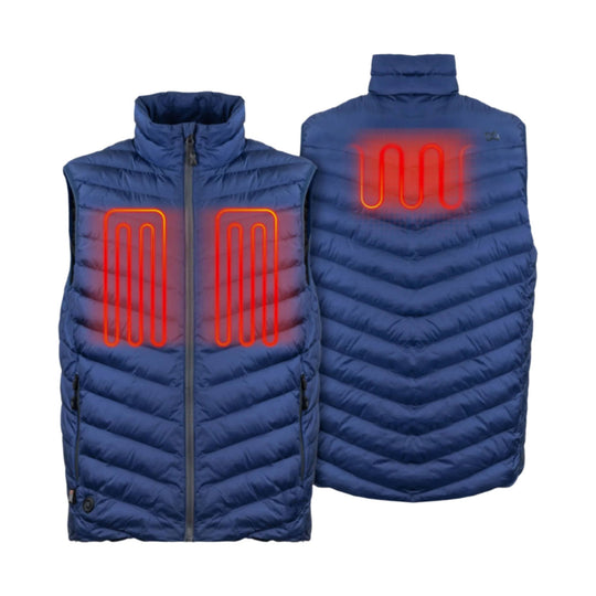 Blue puffer heated vest shown front and back with glowing red heating elements
