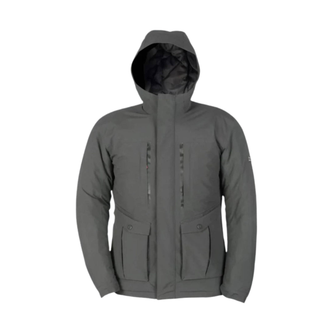 Gray hooded winter jacket with front zipper, chest zippers, and two flap pockets